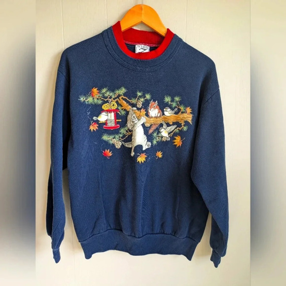 Whim Holiday Sweatshirt Navy size Medium Cats Squirrels Leaves 90s Vintage Grams - Picture 1 of 6